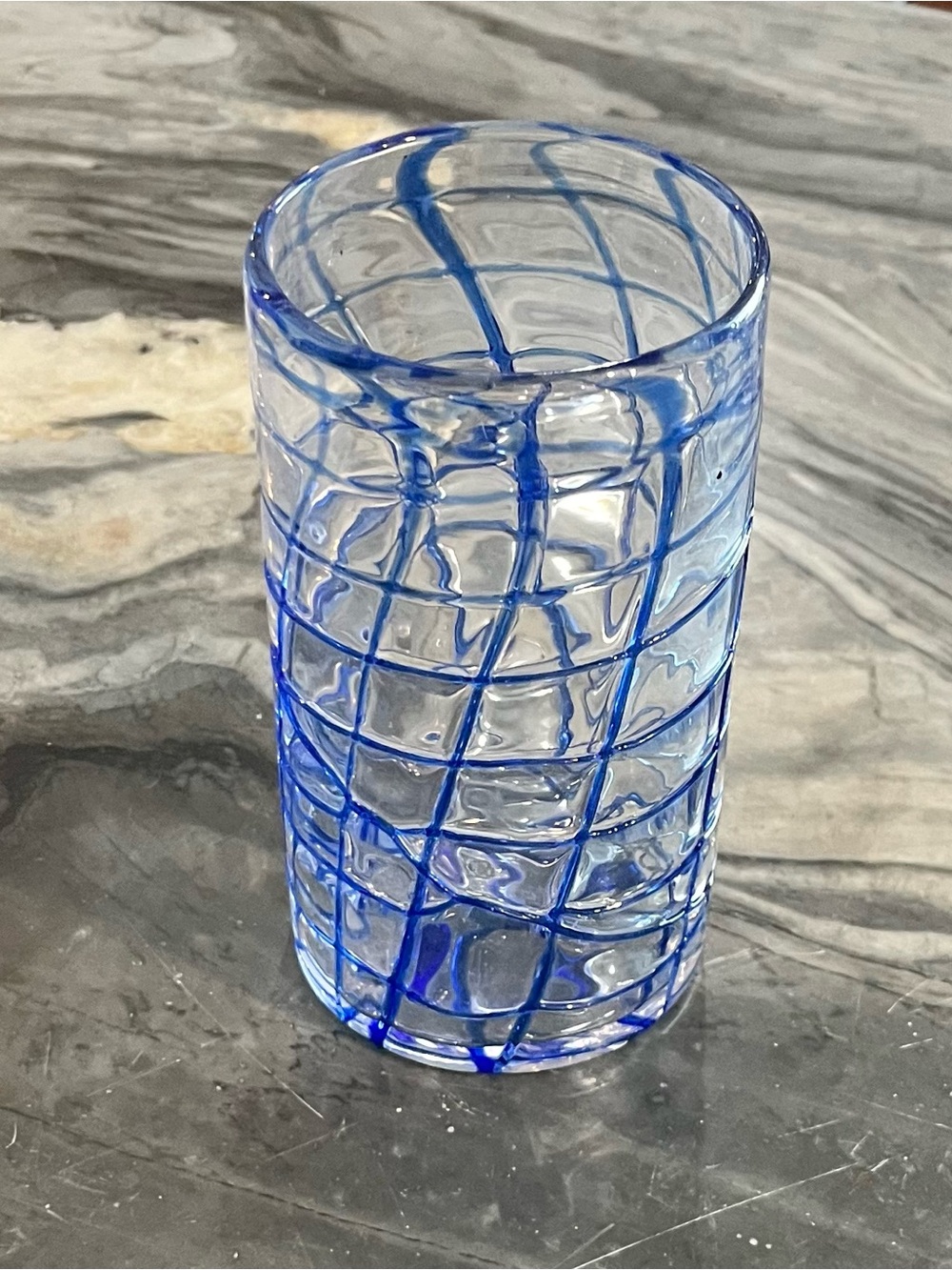 Vintage Hand Blown Mexican Art Glass Cylinder Vase 6" Cobalt Blue Swirl Lattice